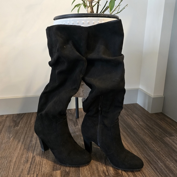 Black faux suede microfiber tall boots. - Picture 6 of 9